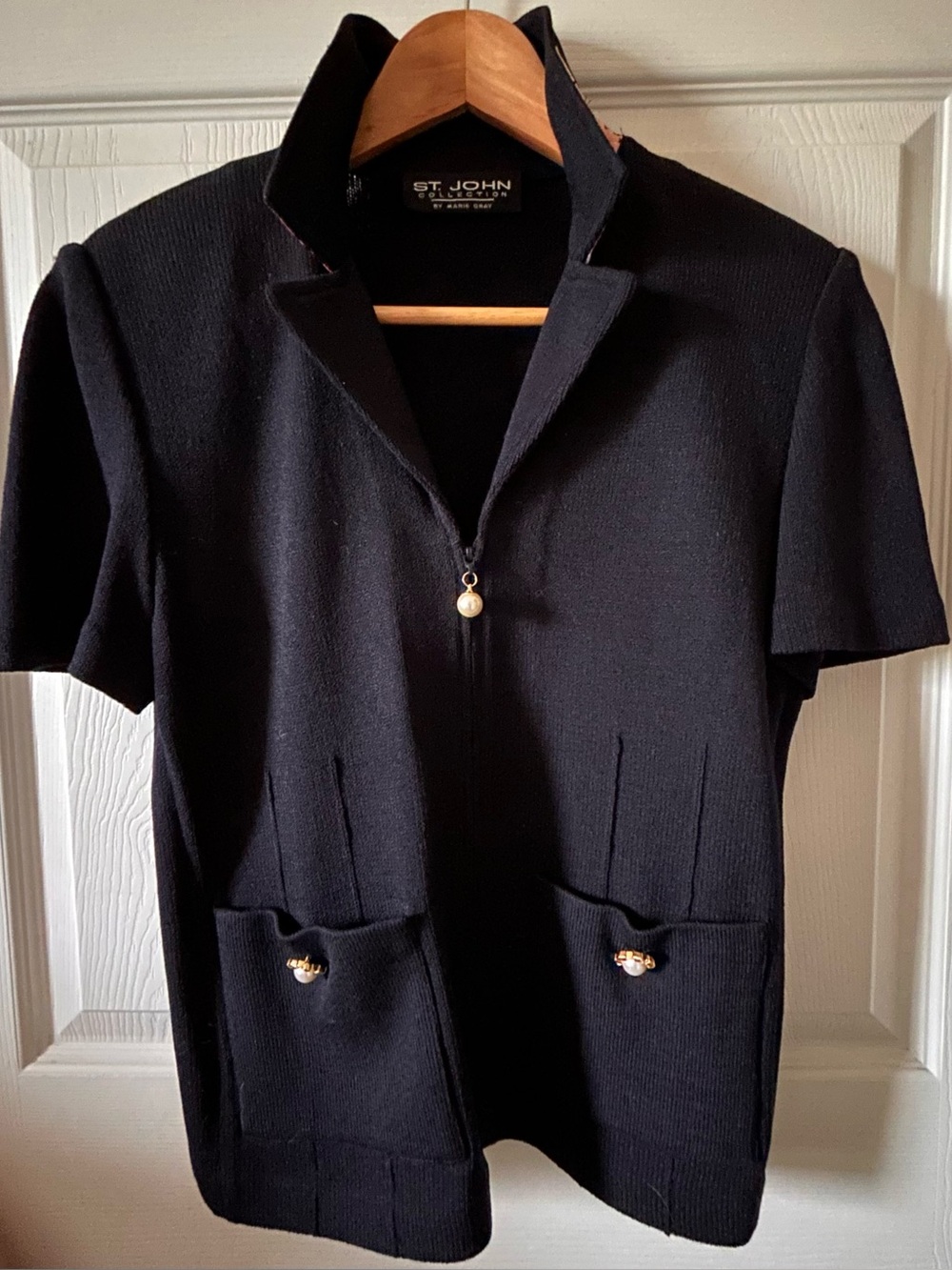 St John Collection Marie Gray Vintage Pearl Zipper Santana Knit Cardigan Sweater